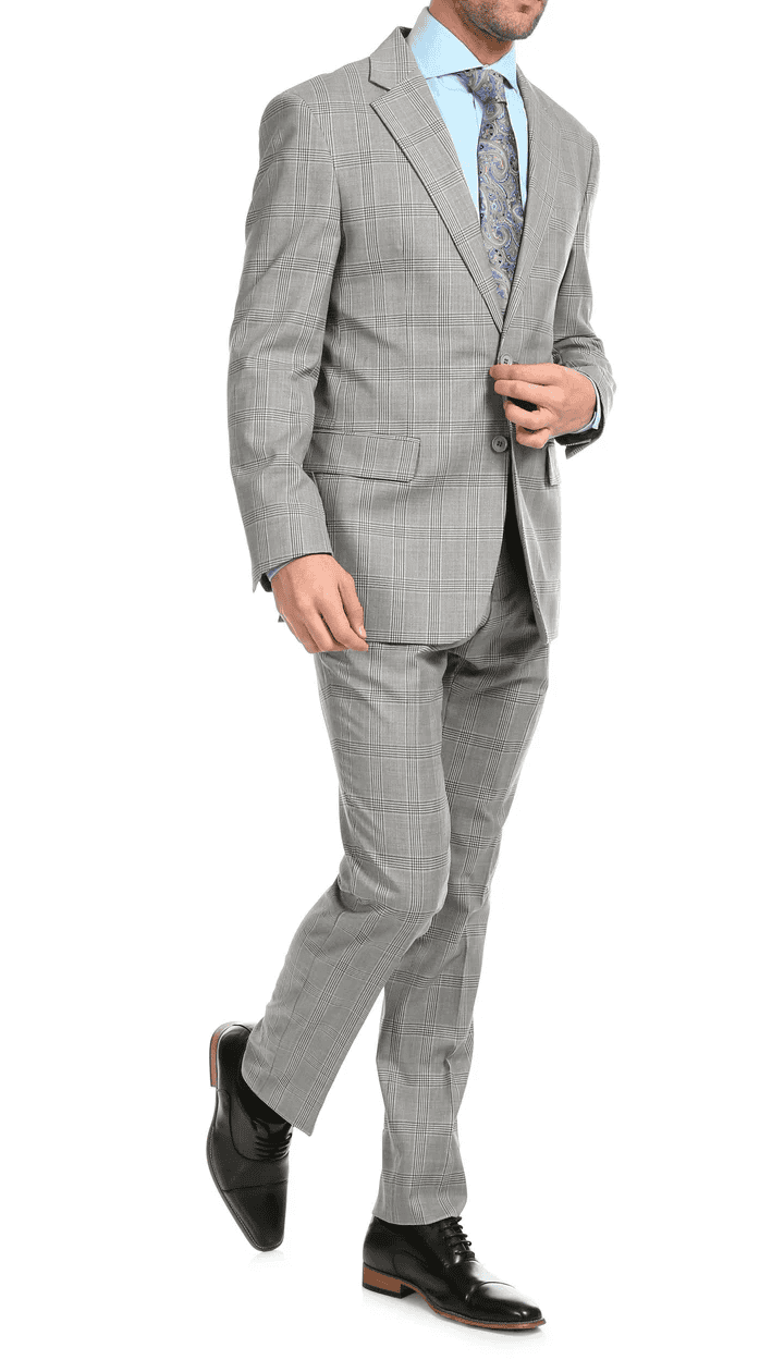 Yves Light Grey Plaid Check Men'S Premium 2PC Premium Wool Slim Fit Suit