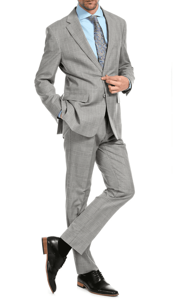 Yves Light Grey Plaid Check Men'S Premium 2PC Premium Wool Slim Fit Suit