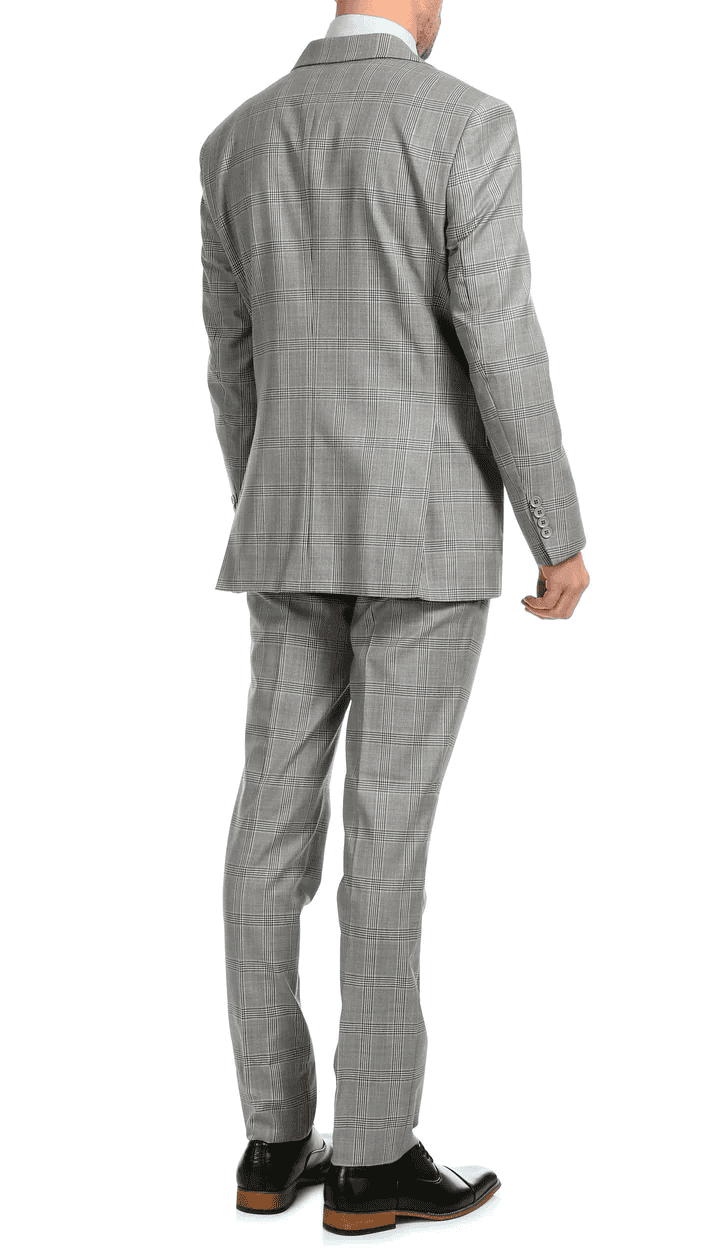 Yves Light Grey Plaid Check Men'S Premium 2PC Premium Wool Slim Fit Suit