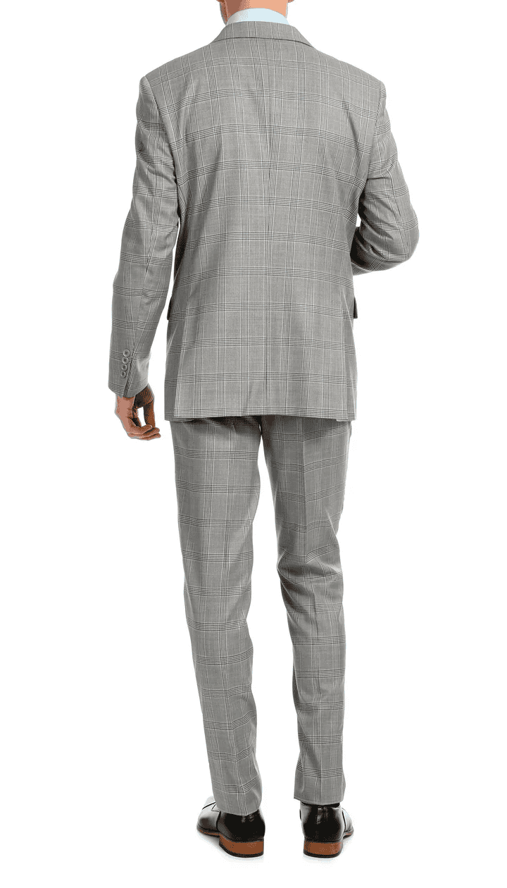 Yves Light Grey Plaid Check Men'S Premium 2PC Premium Wool Slim Fit Suit