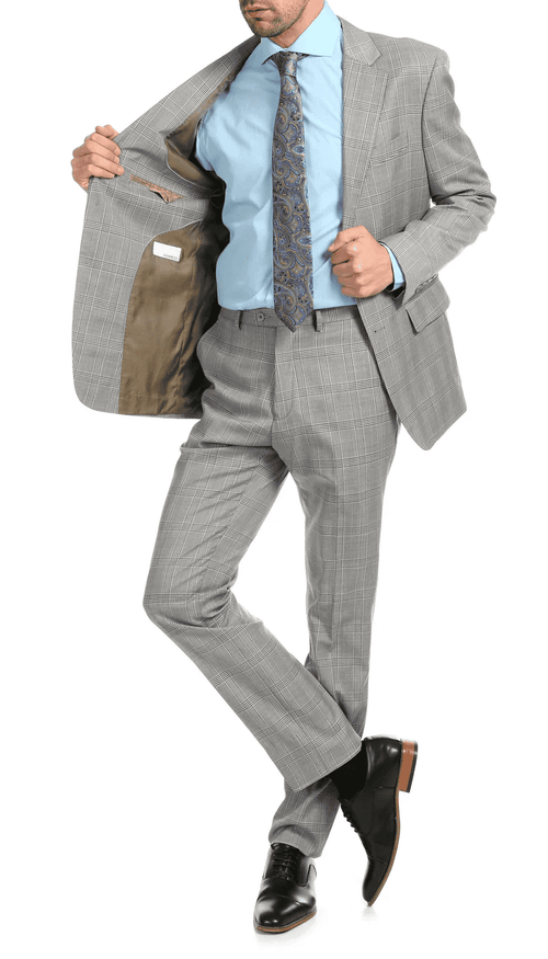Yves Light Grey Plaid Check Men'S Premium 2PC Premium Wool Slim Fit Suit