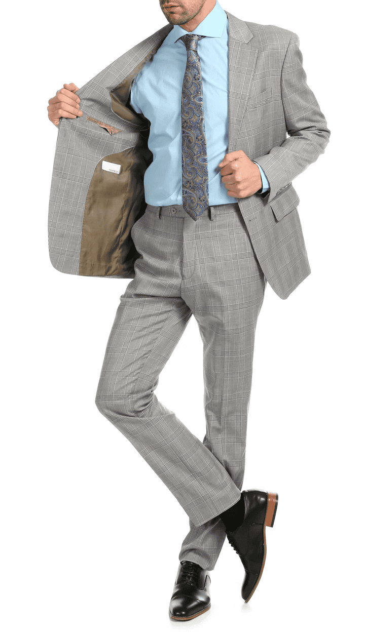Yves Light Grey Plaid Check Men'S Premium 2PC Premium Wool Slim Fit Suit