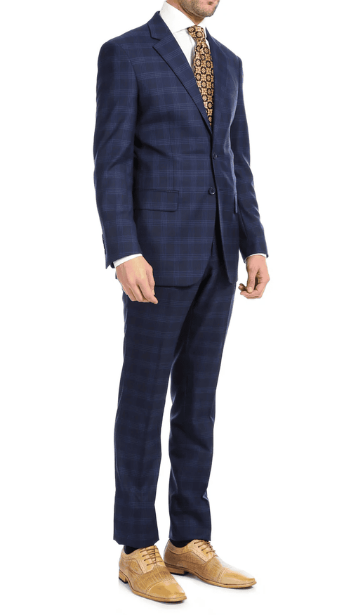 Yves Blue Plaid Check Men'S Premium 2PC Premium Wool Slim Fit Suit