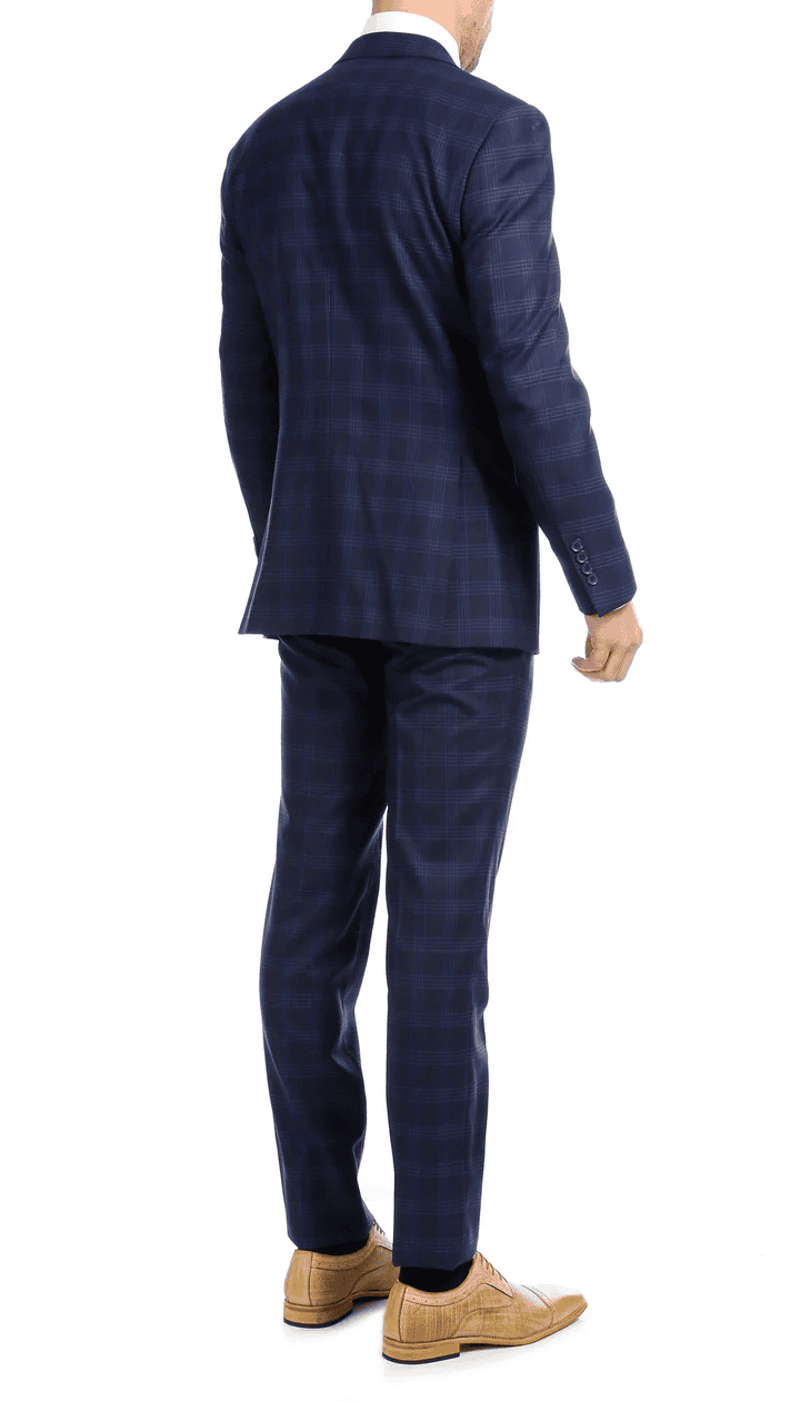 Yves Blue Plaid Check Men'S Premium 2PC Premium Wool Slim Fit Suit