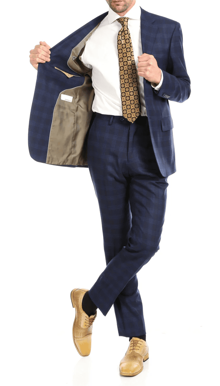 Yves Blue Plaid Check Men'S Premium 2PC Premium Wool Slim Fit Suit