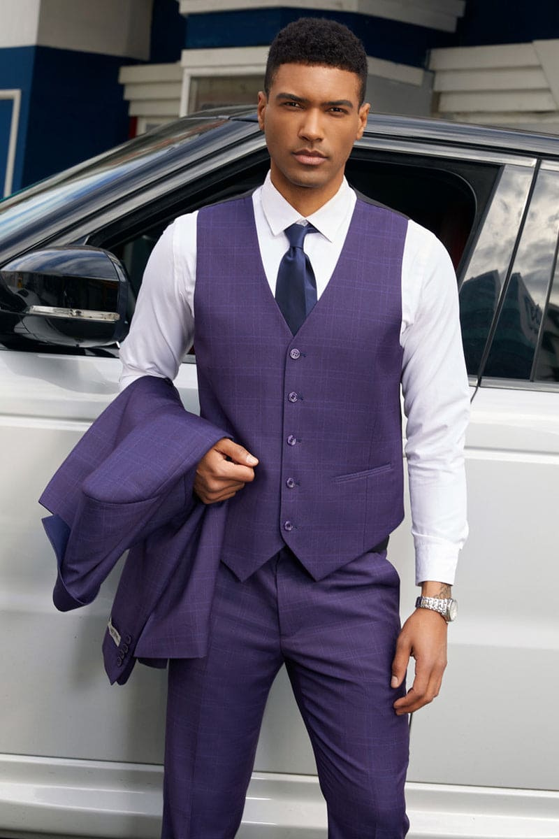 Mens Stacy Adams Suit - Stacy Adams Suit Men's Dark Purple Plaid Two Button Vested Business Suit
