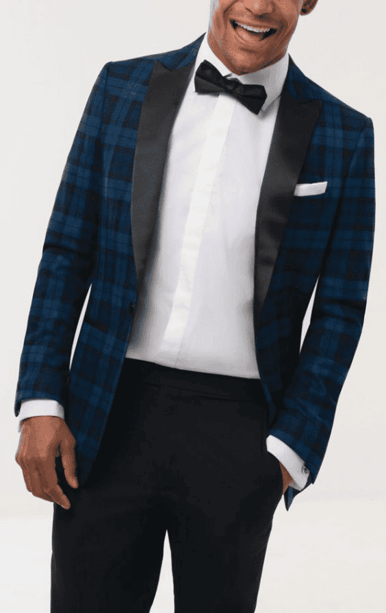 Mens Blue Plaid Tuxedo Suit – Slim Fit Shawl Lapel Designer Suit with Contrast Trousers for Wedding and Prom main image 1