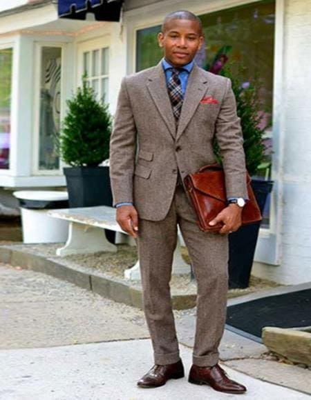 Mens 2 Button Modern Textured Weave Suit in Brown