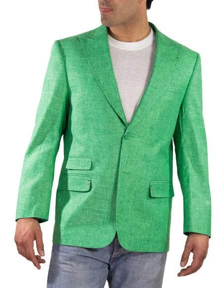 Colorful Blazer For Men - Alberto Nardoni Brand Men's One Ticket Pocket Green Thread & Stitch 100% Linen Blazer - AlbertoNardoniStore