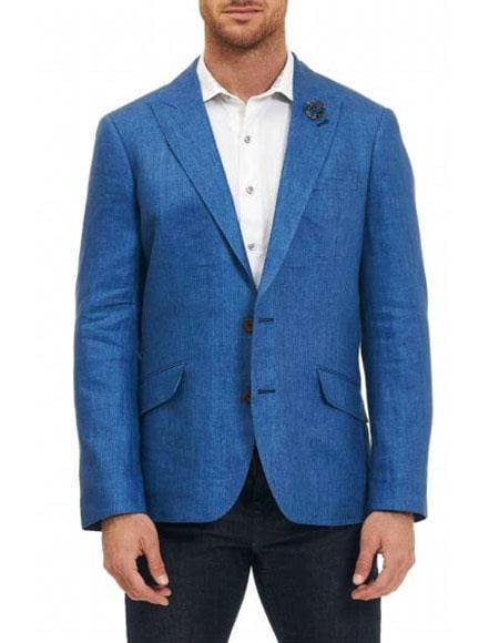 Colorful Blazer For Men - Men's Blue 100% Linen Designer Fashion Dress Casual Blazer - AlbertoNardoniStore