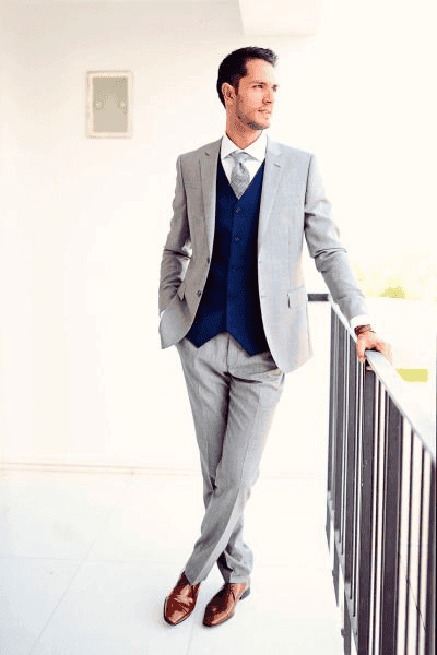 Light grey tux 2025 with navy blue vest