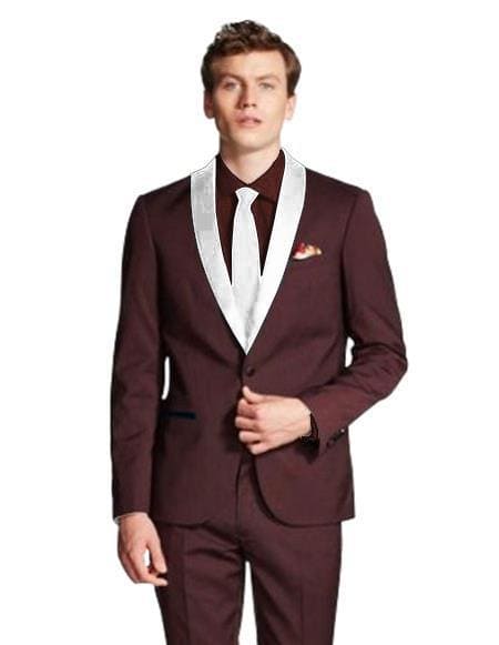 Men's Dark Navy Blue Shawl Lapel Burgundy/White ~ Wine ~ Maroon Color Tuxed - AlbertoNardoniStore