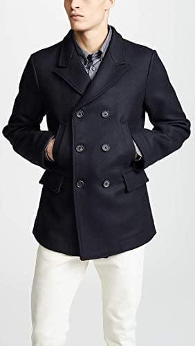 Men's Wool Double Breasted Bond Peacoat with Leather Details - Navy - AlbertoNardoniStore