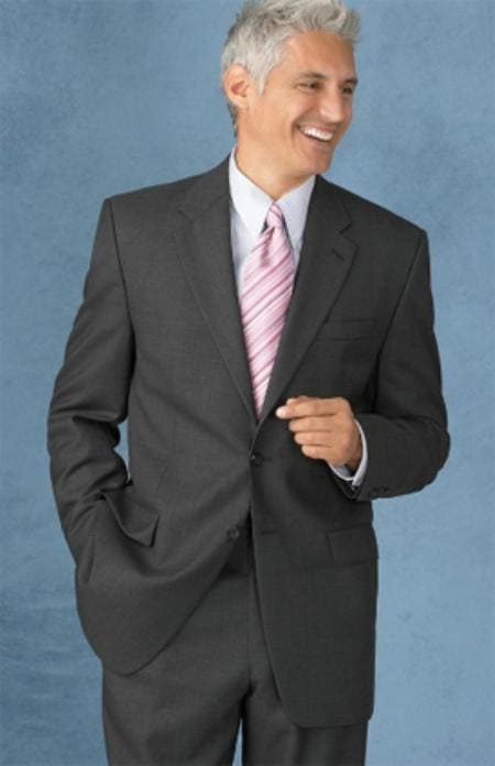 Mens 1 Button Modern Fit Suits Flat Front Pants Suit - Charcoal - 100% Percent Wool Fabric Suit - Worsted Wool Business Suit