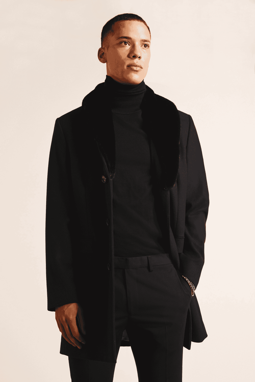 Mens Black Overcoat With Fur Collar - Wool Topcoat - AlbertoNardoniStore