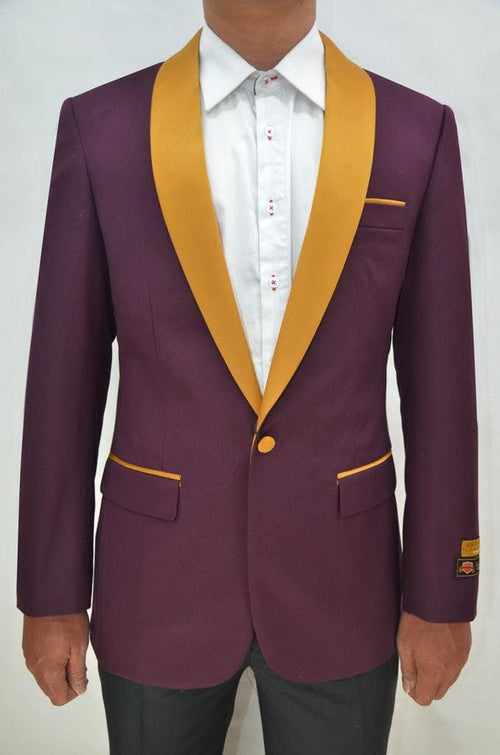 Mens One Button Contrast Shawl Collar Dinner Jacket Burgundy & Gold - AlbertoNardoniStore