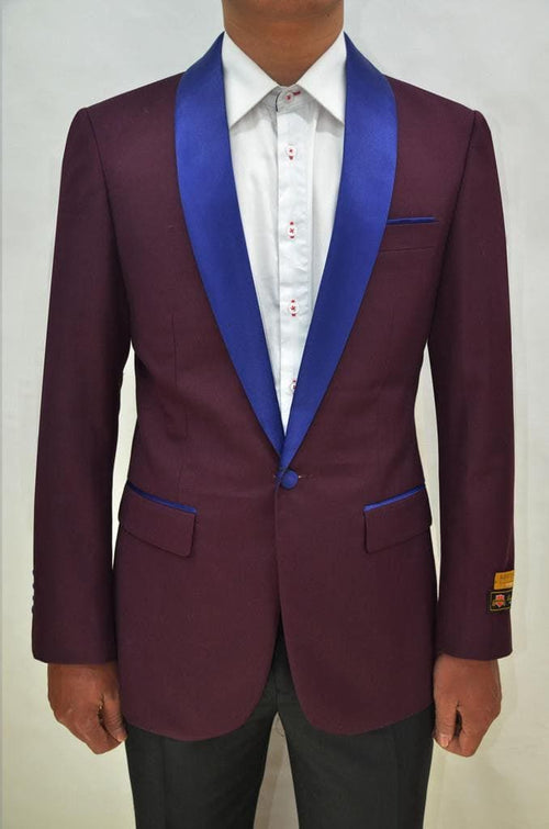 Mens One Button Contrast Shawl Collar Dinner Jacket Burgundy & Royal - AlbertoNardoniStore