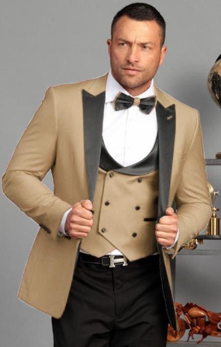 Alberto nardoni Peak lapel super 150s wool tuxedo with double breasted vest flat front pants 1 button style