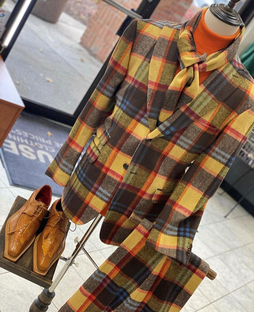Mens Two Button Peak Lapel Multi Color Plaid Suit