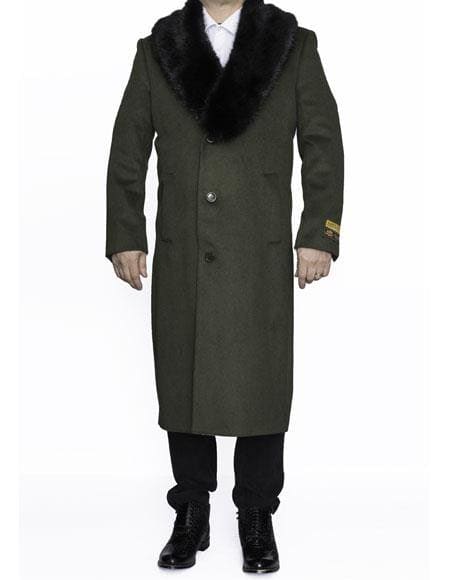 Moscow: MENS FULL LENGTH REMOVABLE FUR COLLAR OLIVE GREEN - MENS TOPCOAT / OVERCOAT - AlbertoNardoniStore