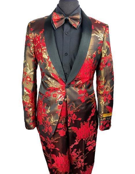 Prom Tuxedo For Men - Floral Prom Suit - Vienna-Red/Black - AlbertoNardoniStore