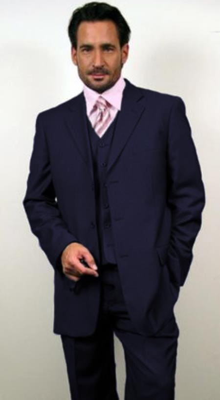 Men'S 3 Piece 3 Buttons Fashion Suit With 2 Tone Lapel Dark Navy - Three Piece Suit