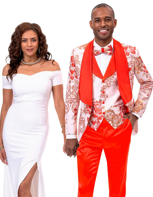 Mens Vested Paisley Prom & Wedding Tuxedo in Peach & Orange