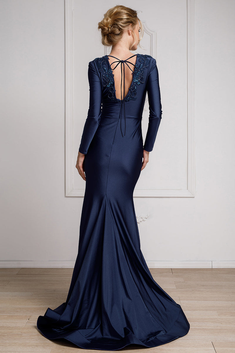 Elegant Long Sleeve Fitted Evening Gown with Deep V-Neck & Embroidered Appliqué By Amelia Couture 382