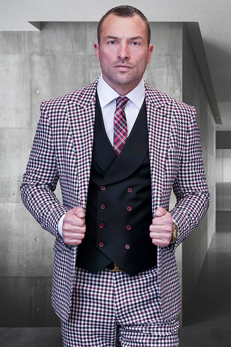 Men's designer wool suit. Modern fit, wide peak lapel. Burgundy houndstooth micro plaid fabric. Includes matching vest and tailored trousers.
