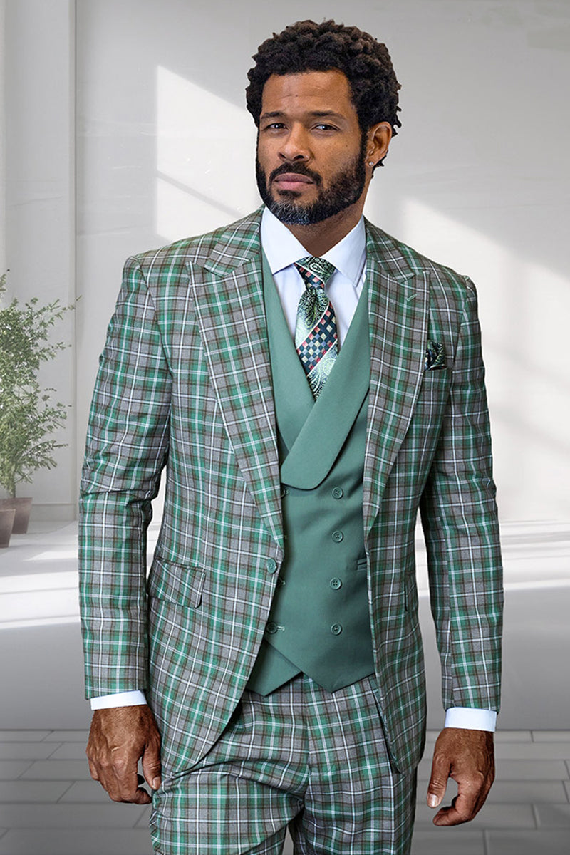 Sage green plaid suit for men, crafted from Italian wool. Features a peak lapel, one-button closure, and double-breasted vest. Structured, fitted silhouette with green/gray plaid.
