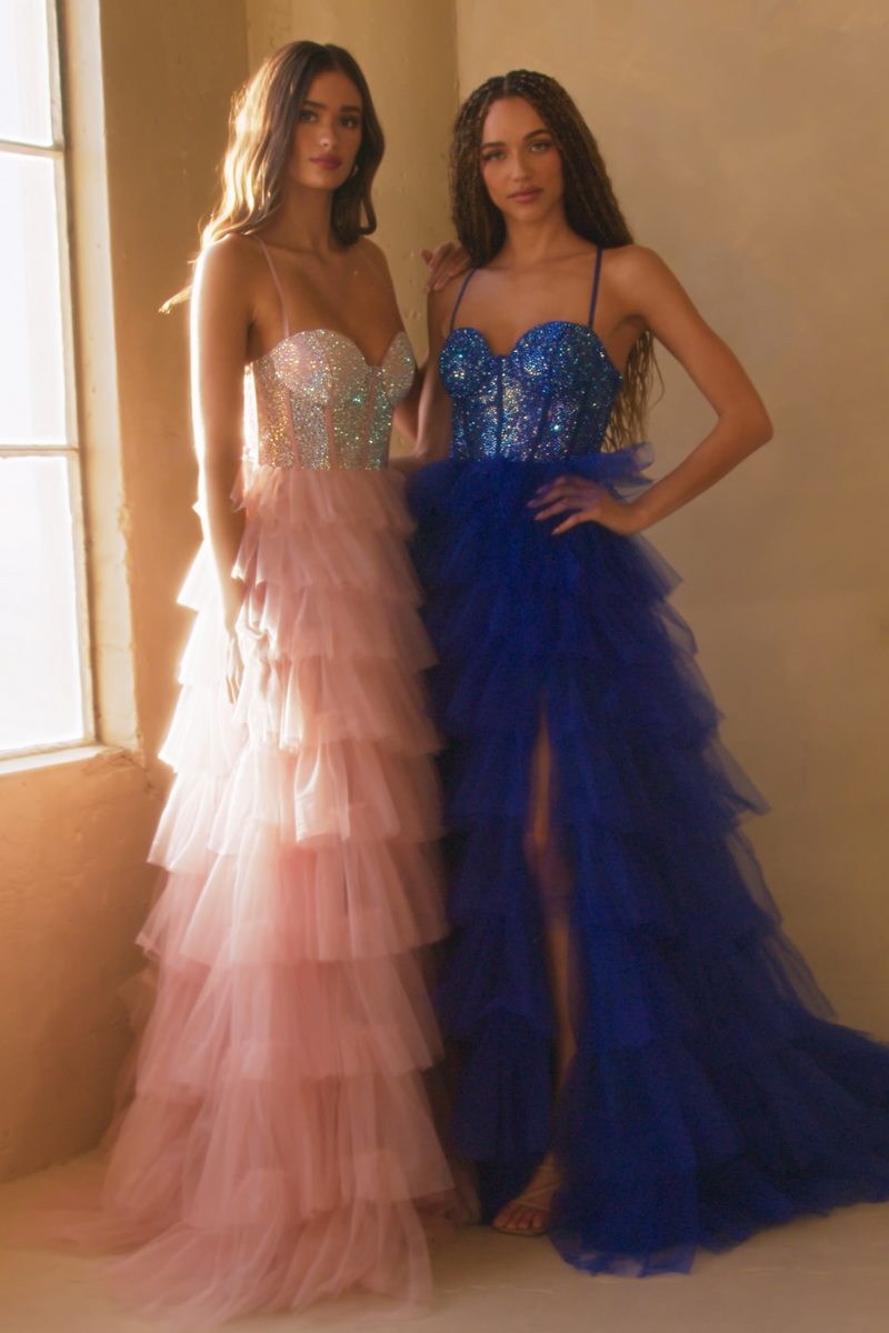 Sequin Beaded Corset Bodice Tiered Ruffle Tulle A-Line Gown Prom Dress by Amelia Couture 4048