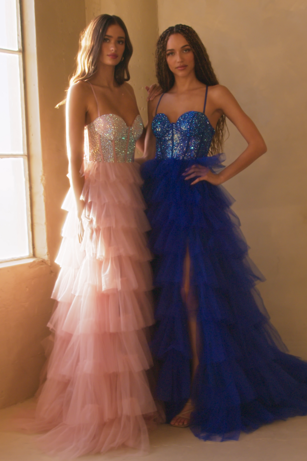 Sequin Beaded Corset Bodice Tiered Ruffle Tulle A-Line Gown Prom Dress by Amelia Couture 4048
