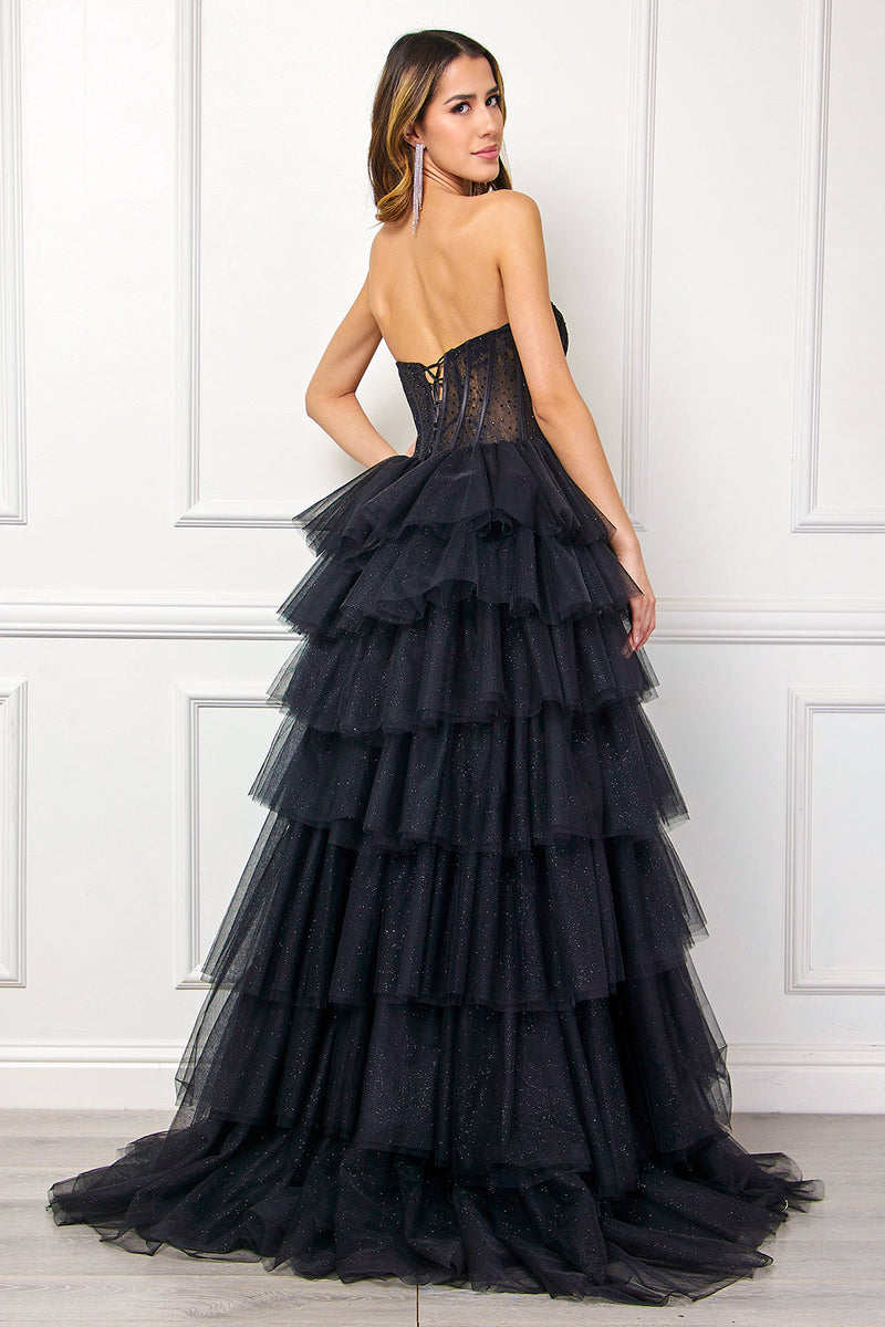 Black Sheer Corset A-Line Tiered Ruffle Tulle Gown Strapless Glitter Dress by Amelia Couture 7067