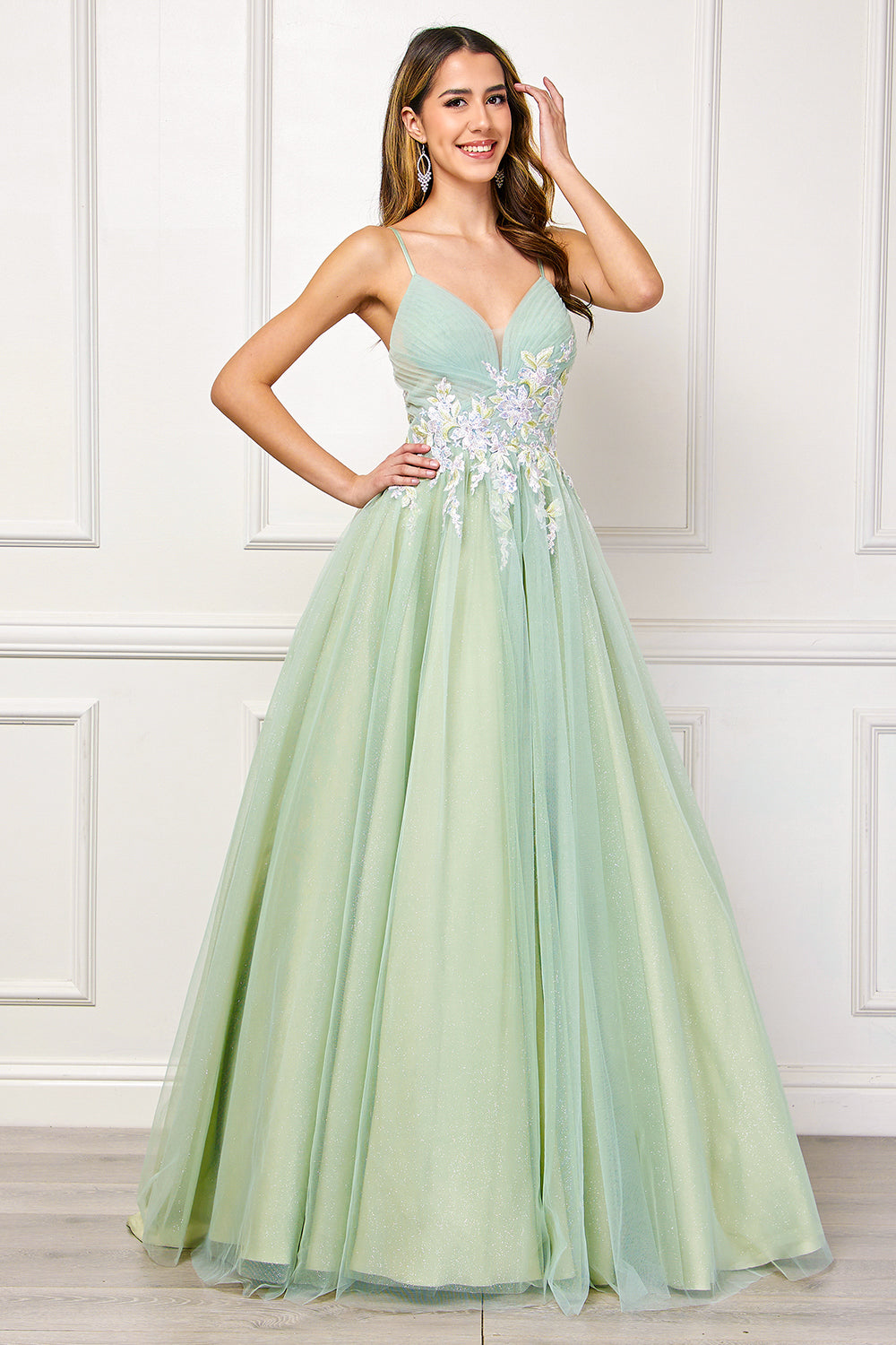 Floral Applique Glitter Tulle A-Line Dress with Pockets V-Neck Corset Back by Amelia Couture SU088