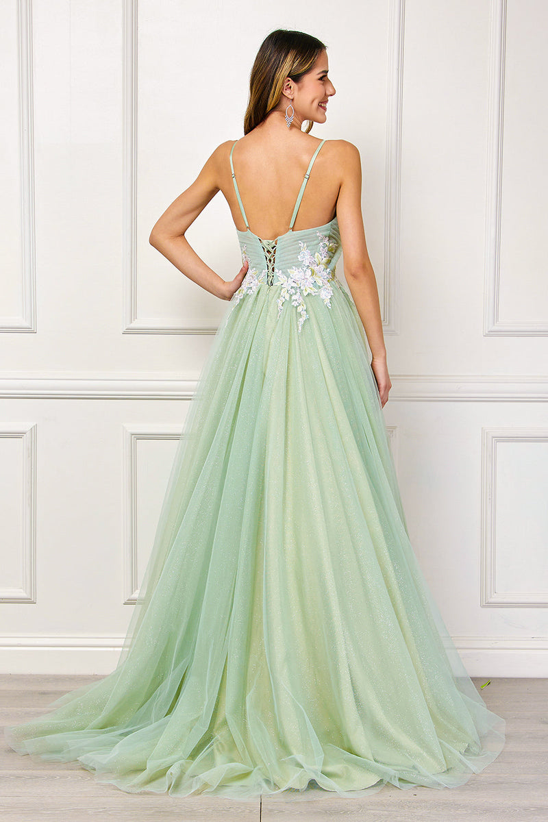 Floral Applique Glitter Tulle A-Line Dress with Pockets V-Neck Corset Back by Amelia Couture SU088