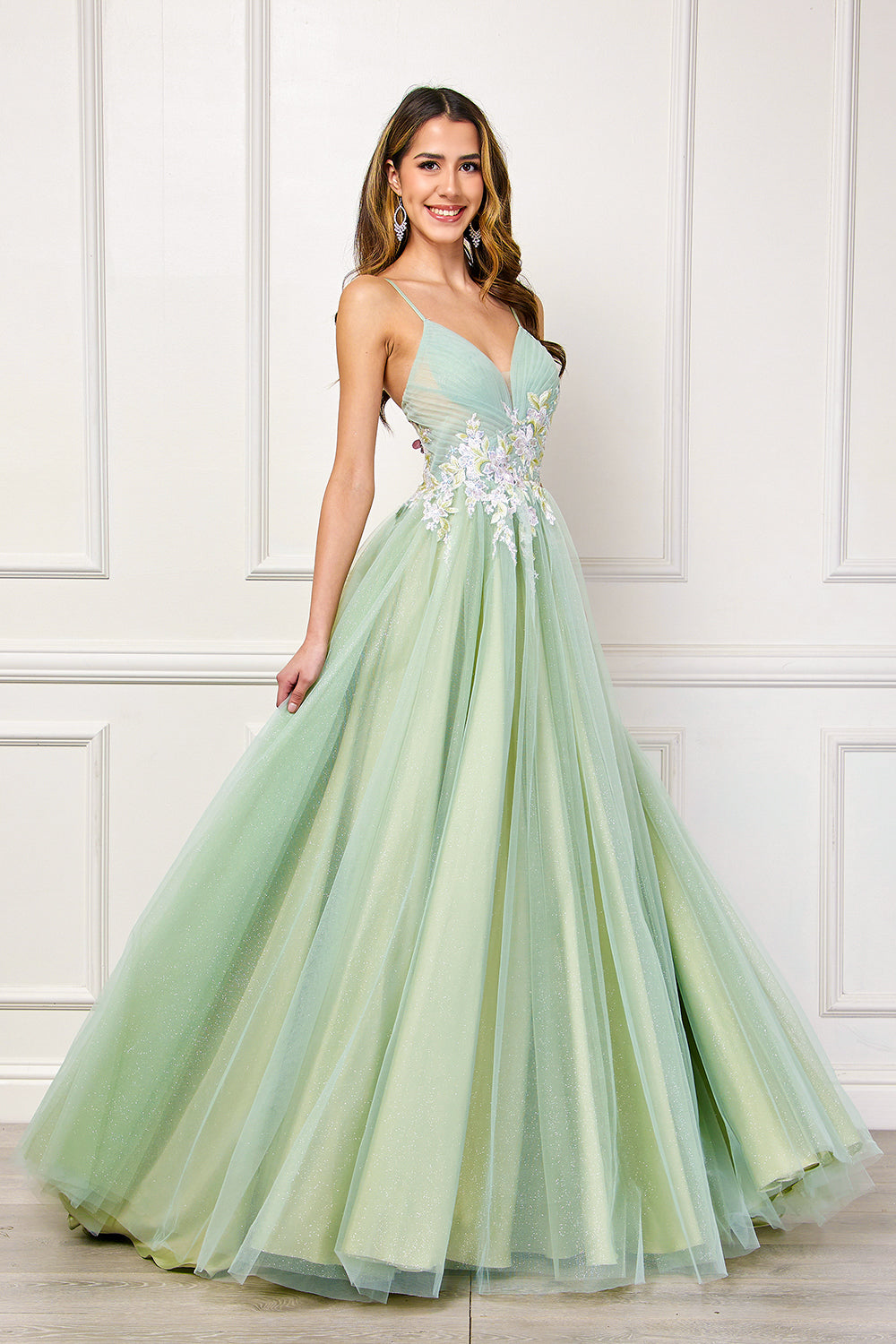 Floral Applique Glitter Tulle A-Line Dress with Pockets V-Neck Corset Back by Amelia Couture SU088