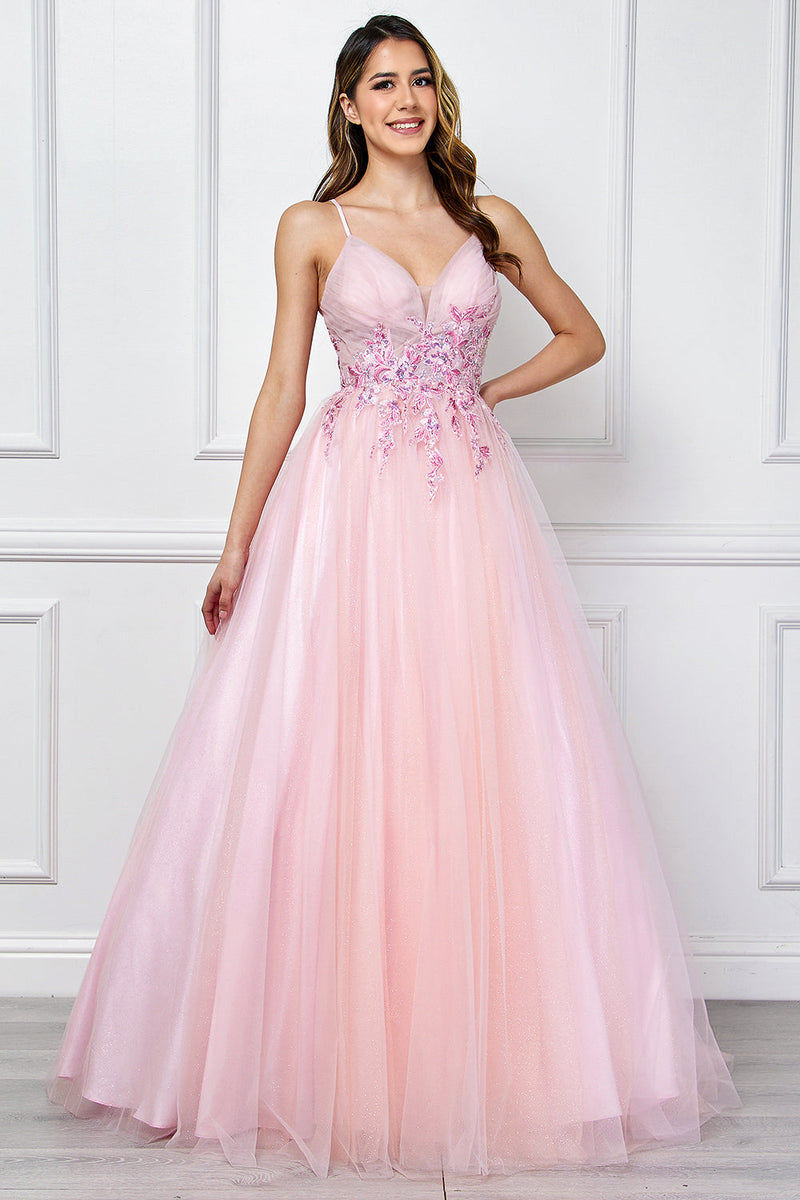 Floral Applique Glitter Tulle A-Line Dress with Pockets V-Neck Corset Back by Amelia Couture SU088