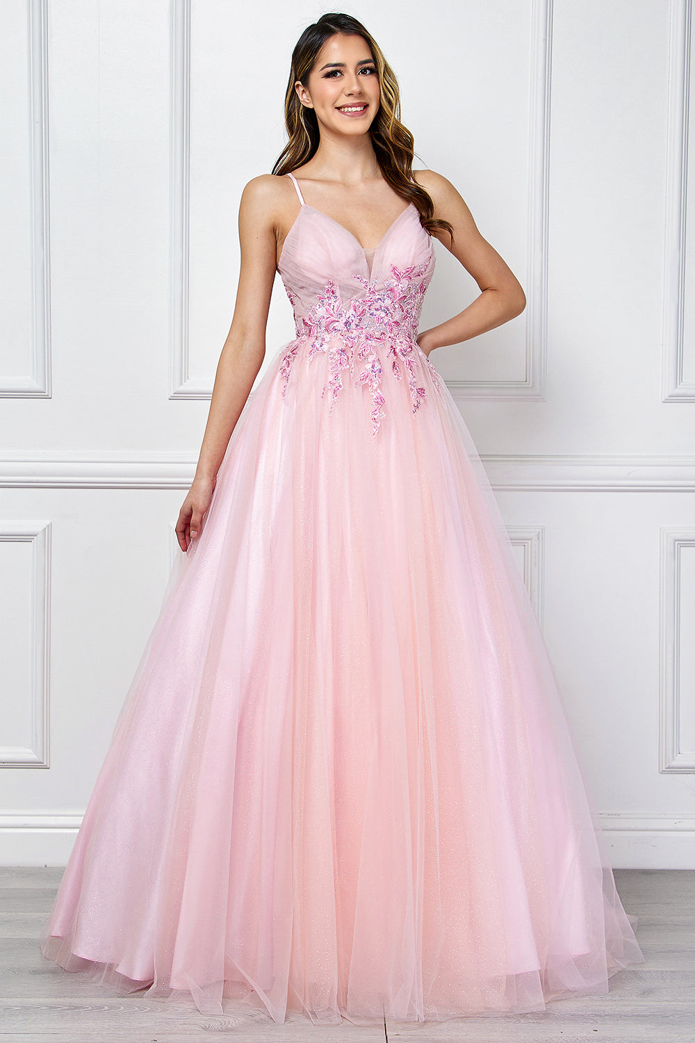 Floral Applique Glitter Tulle A-Line Dress with Pockets V-Neck Corset Back by Amelia Couture SU088