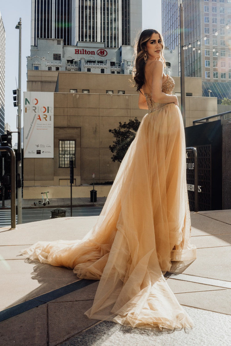 Champagne Beaded Corset Mermaid Prom Dress with Detachable Tulle Train by Amelia Couture SU091
