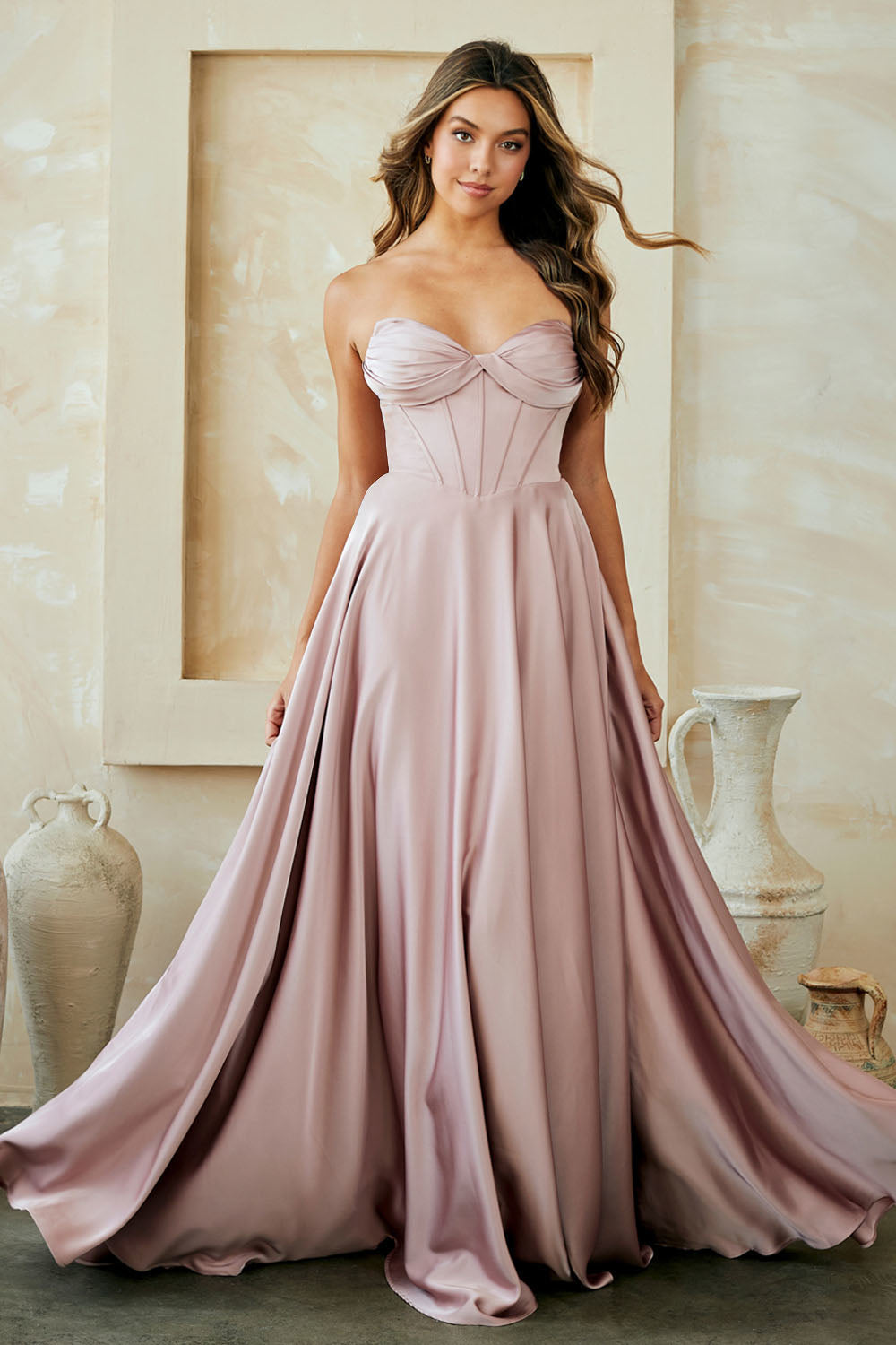 Strapless Sweetheart Satin Corset A-Line Prom Dress with Lace-Up Back by Amelia Couture 4053