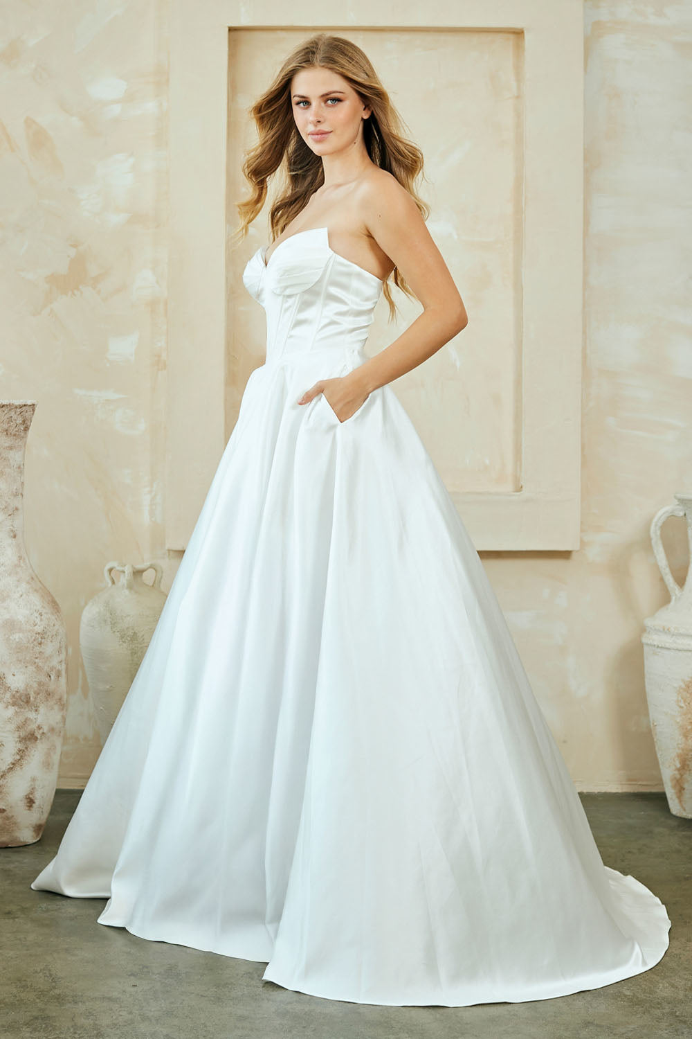 Strapless Satin Corset Bodice A-Line Prom Dress with Pockets & Lace-Up Back by Amelia Couture 5080