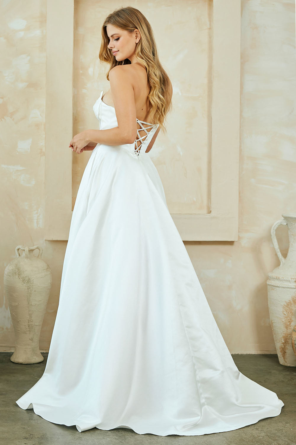 Strapless Satin Corset Bodice A-Line Prom Dress with Pockets & Lace-Up Back by Amelia Couture 5080