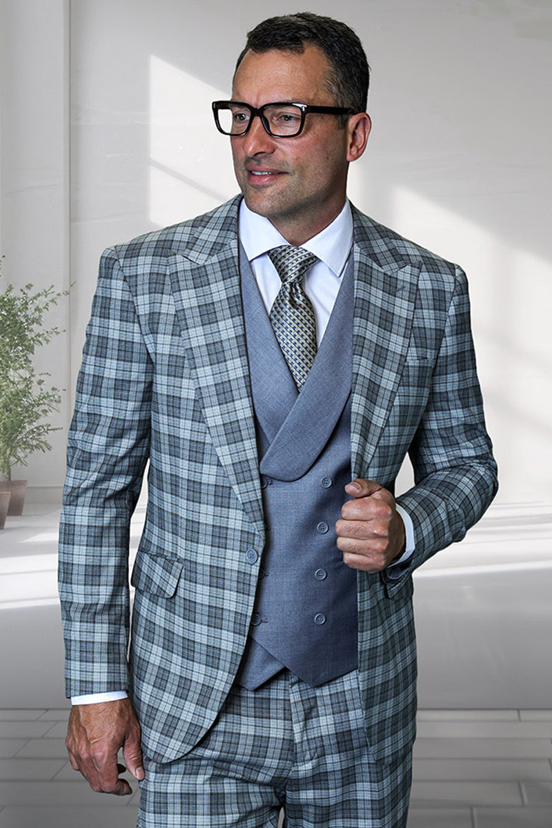 Men's designer suit: Italian wool, charcoal plaid, peak lapel, one-button. Includes a double-breasted light gray vest.
