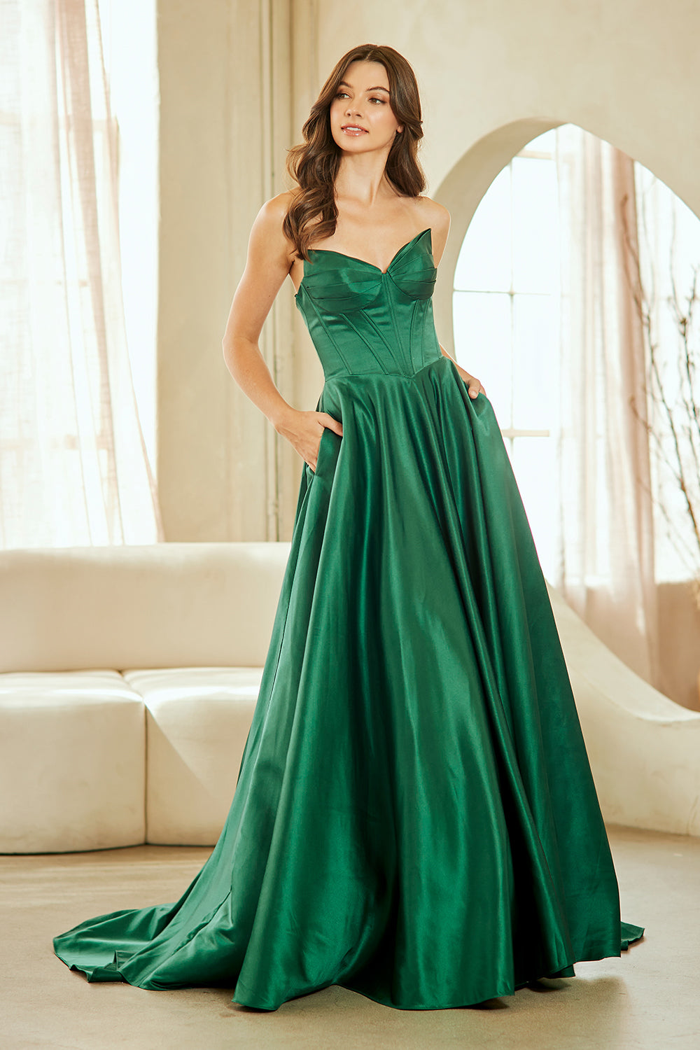 Strapless Satin Corset Bodice A-Line Prom Dress with Pockets & Lace-Up Back by Amelia Couture 5080