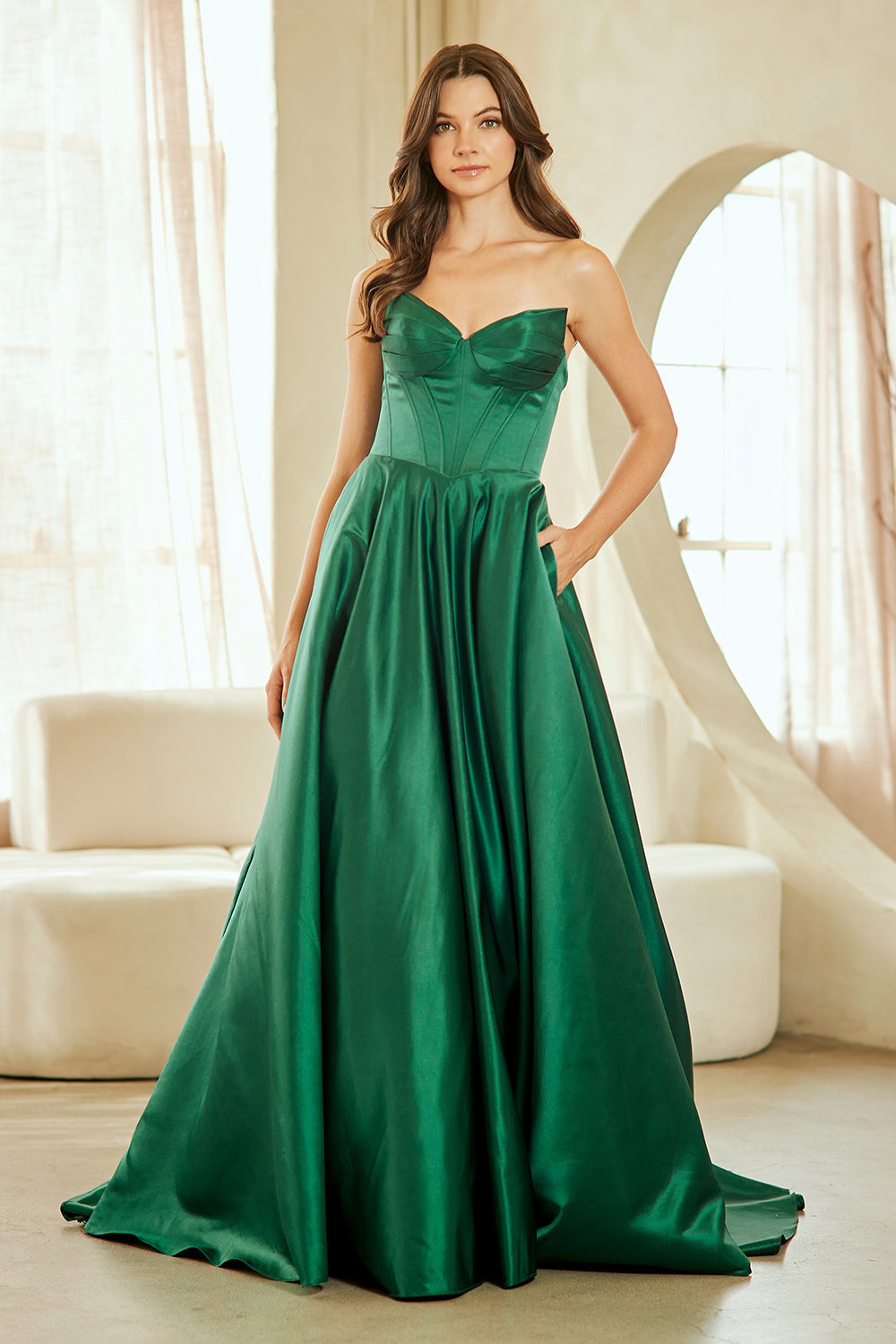 Strapless Satin Corset Bodice A-Line Prom Dress with Pockets & Lace-Up Back by Amelia Couture 5080