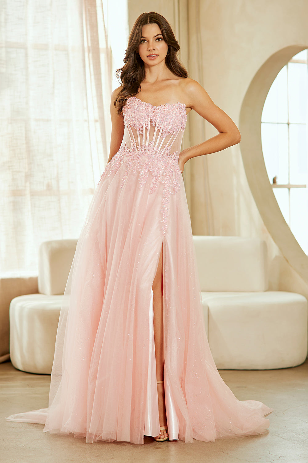 Strapless Corset Prom Dress with Beaded Bodice & Glitter Tulle A-Line Skirt by Amelia Couture 9078