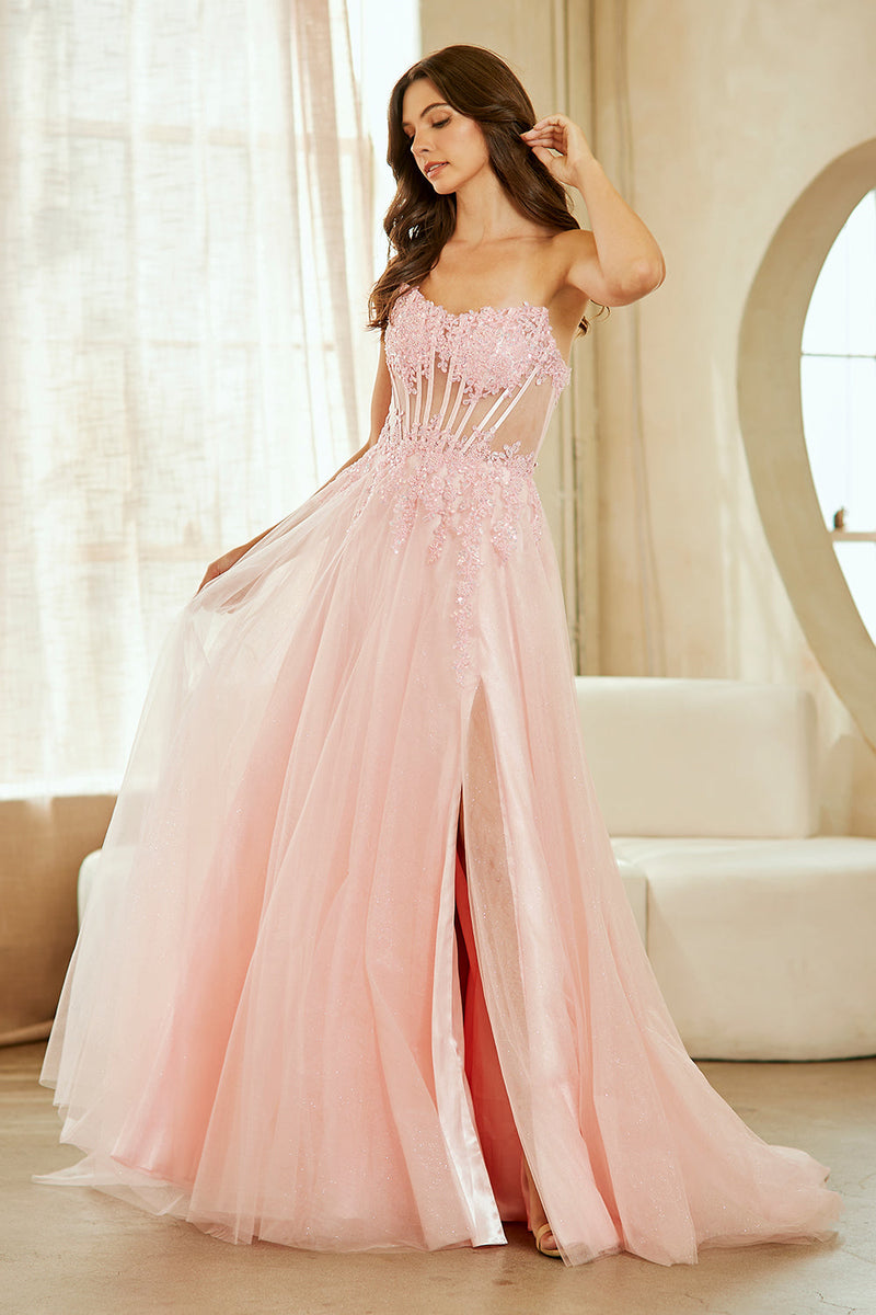 Strapless Corset Prom Dress with Beaded Bodice & Glitter Tulle A-Line Skirt by Amelia Couture 9078