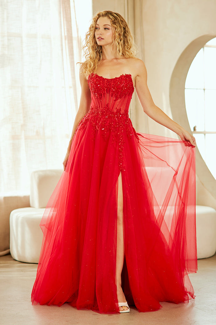 Strapless Corset Prom Dress with Beaded Bodice & Glitter Tulle A-Line Skirt by Amelia Couture 9078
