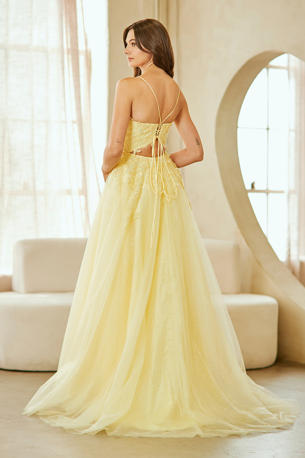Lace Appliqué Spaghetti Strap A-Line Prom Dress with V-Neck & Open Back Amelia Couture 9079