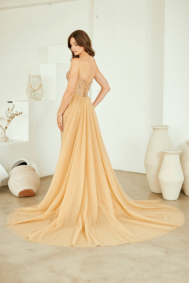 Champagne Beaded Corset Mermaid Prom Dress with Detachable Tulle Train by Amelia Couture SU091